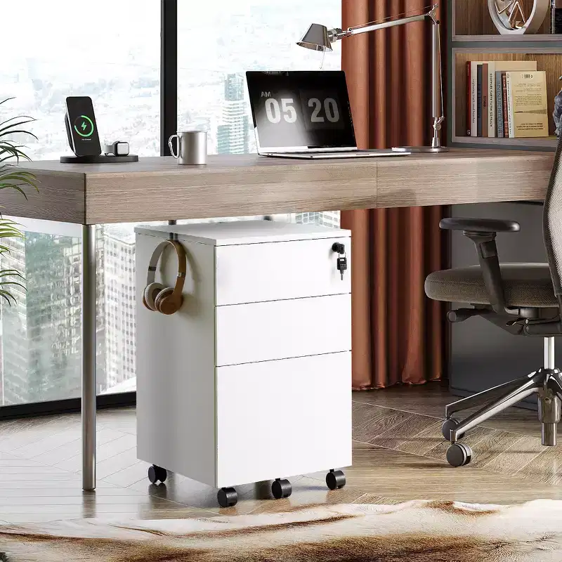 GALAXHERO 3-Drawer Rolling File Cabinet with Lock, Wood Under Desk Filing Cabinet for Home Office, Fits Letter/Legal/A4 Size, White