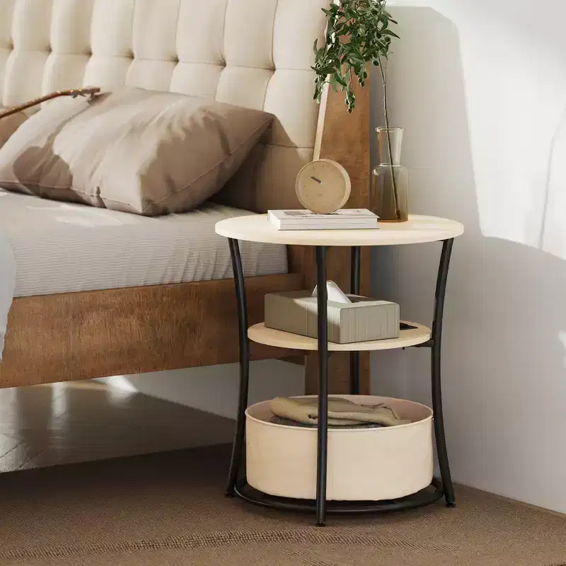 Side Table with Charging Station, 3-Tier Round End Table with Fabric Storage Bag, Shelf and Steel Frame for Living Room, Natural Wood