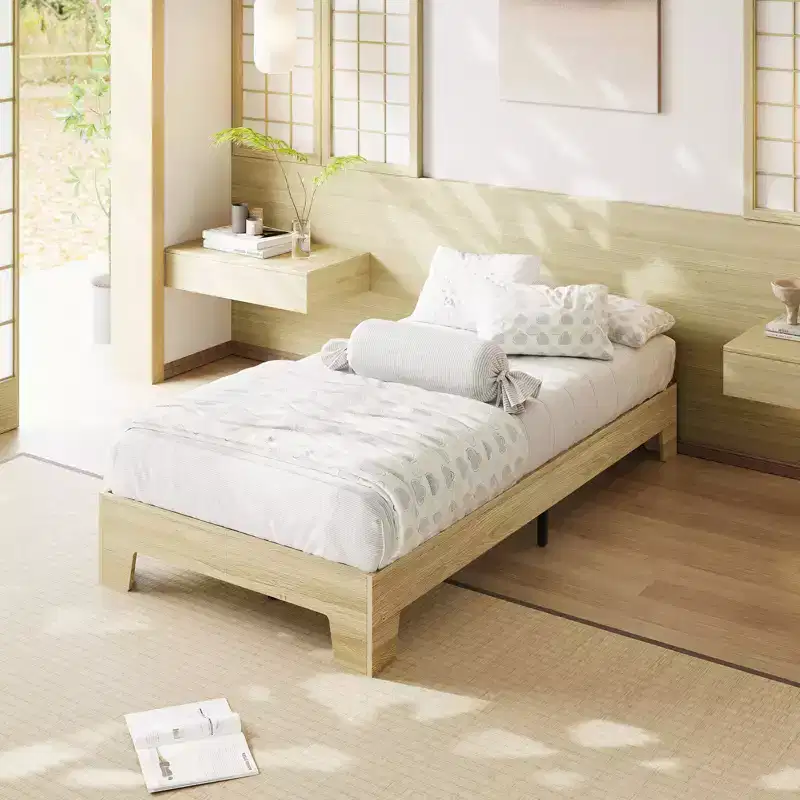 Platform Bed Frame, 4 Wood & 8 Metal Slats, No Headboard, 10
