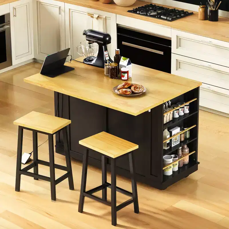 48-inch Large Kitchen Island with Folding Leaf Panel, 5-Wheel Mobile Storage Cart with 5 Open Side Shelves (Does Not Include Stools) Black