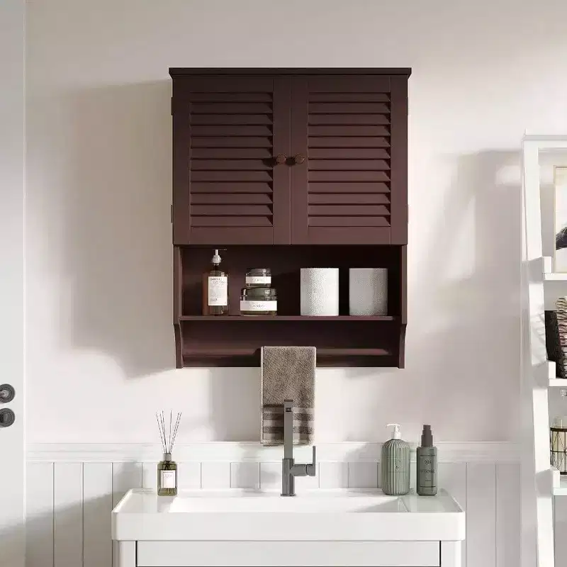 Bathroom Wall Cabinet with Towels Bar, 23.6 Inch Lx7.9x27.5 H MDF Material Espresso Space Saver Storage Cabinet Over Toilet
