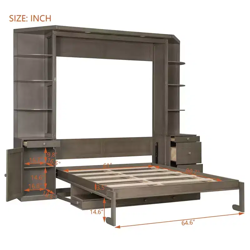 Queen Size Murphy Bed with Storage Shelves and Cabinets, Wooden Queen Cabinet Bed Wall Bed with Desk, Folding Wall Chest Bed for Guest Room Office