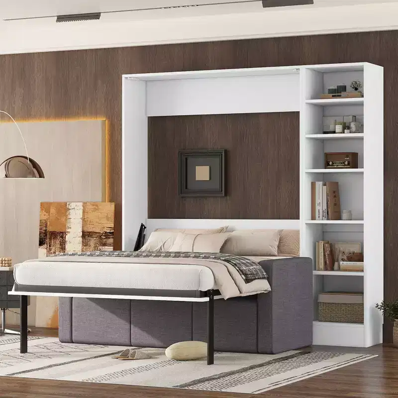 Full/Twin Size Murphy Bed Wall Bed with 3/2 Seat Sofa and Storage Shelves, White+Gray
