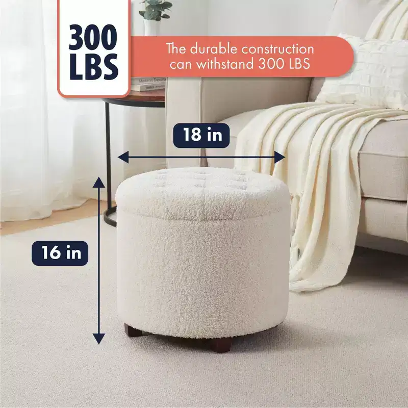 Round Tufted Boucle Storage Ottoman - White