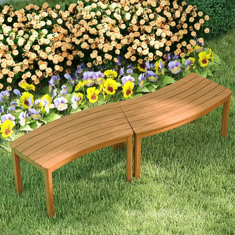 Costway Outdoor Curved Acacia Wood Bench Set of 3 Patio Garden Backless Fire Pit Bench