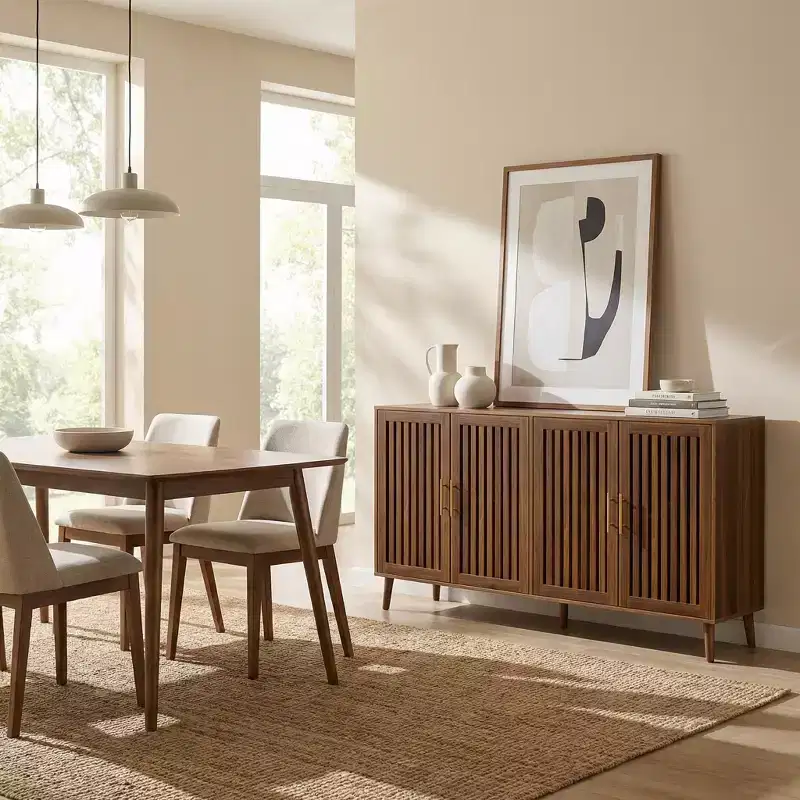 Homy Casa 63 Wood Storage Cabinet with Slatted Doors and Adjustable Shelves, Walnut Finish