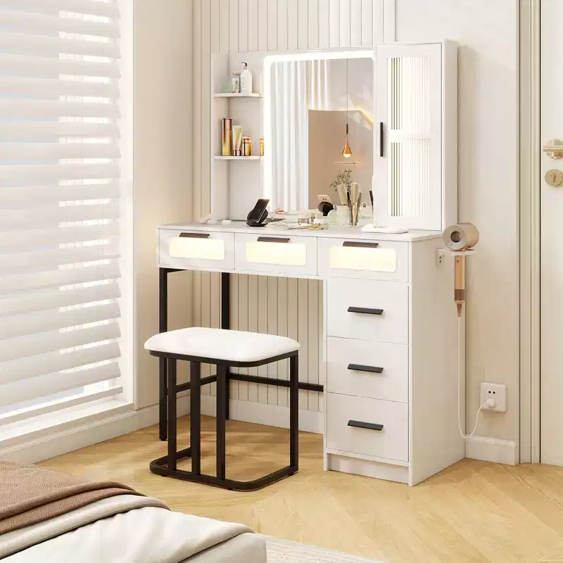 Costway Vanity Desk w/ Mirror Induction Lighting 3-Color Lighting Modes Charging Station White