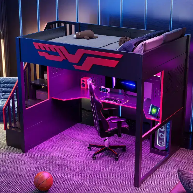 Full Size Gaming Loft Bed with Built-In Desk, Storage Staircase, 7-Color LED Lights & USB Charging, Red+Black - ModernLuxe