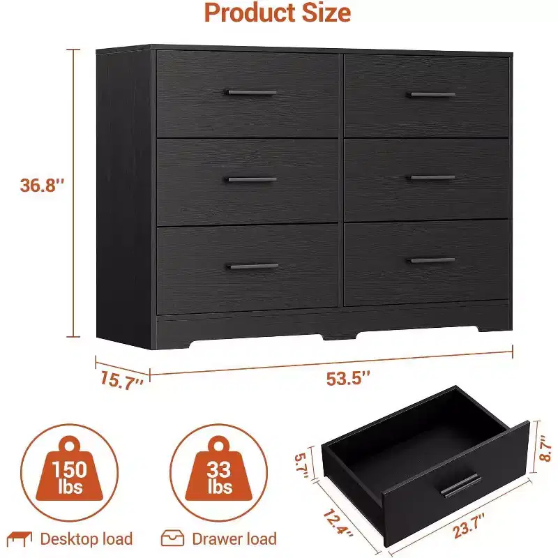 Acekool 6 Drawer Dresser, Modern Chest with Metal Handles, Wooden TV Stand & Storage Organizer for Bedroom, Living Room