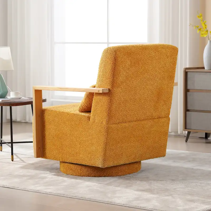 Mid-Century Boucle Upholstered Swivel Armchair With Pillow