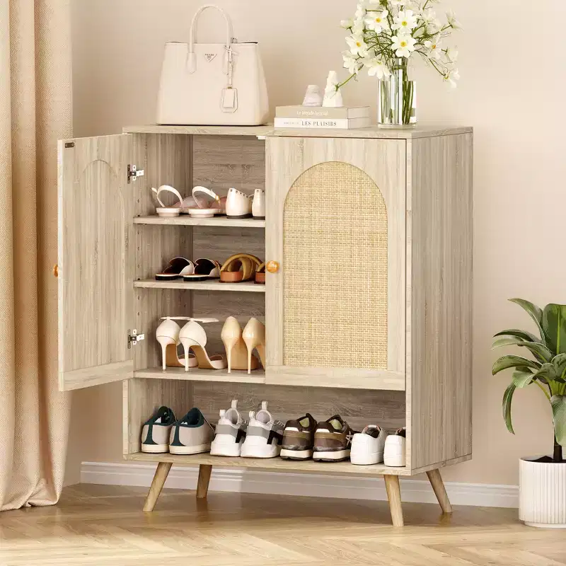 Natural Rattan Shoe Cabinet, 4-Tier Adjustable Shelves, Holds Up to 20 Pairs, for Hallway & Living Room