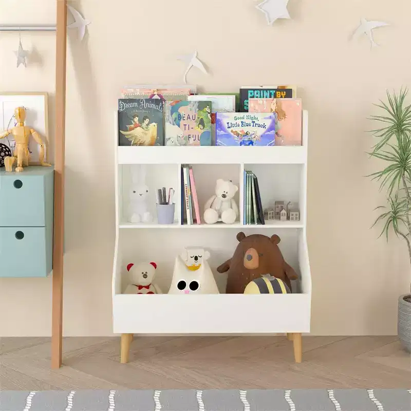 Kids Bookshelf, Toy Storage Cubby with Toy Storage Bin, 3 Storage Compartments and 2-Tier Open Shelves, Rounded Design for Playroom Kindergarten