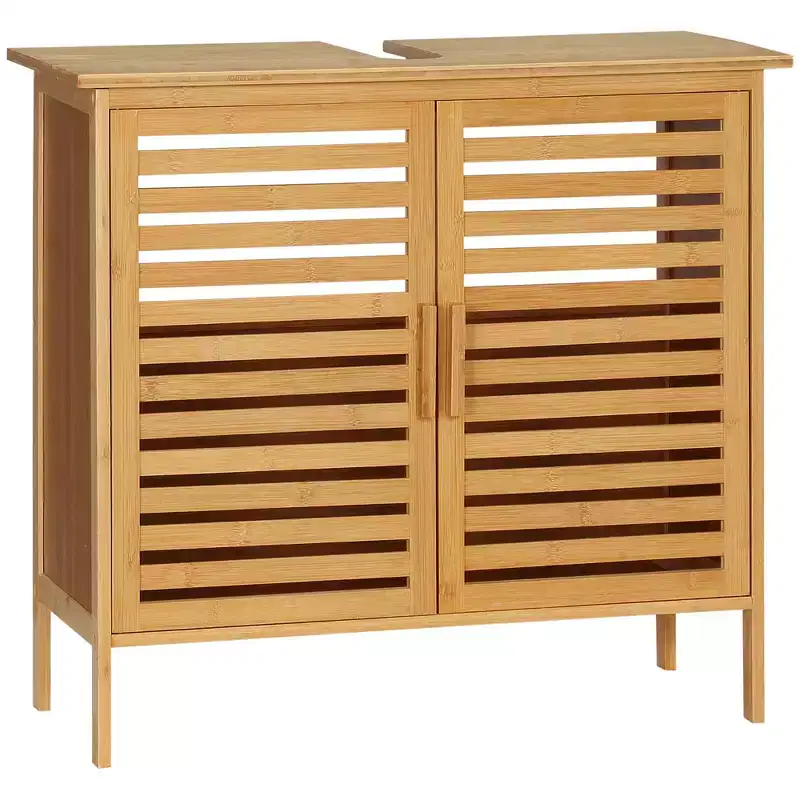 kleankin Bamboo Under Sink Cabinet with 2 Slatted Doors, Freestanding Bathroom Sink Cabinet Space Saver Bathroom Organizer, Natural