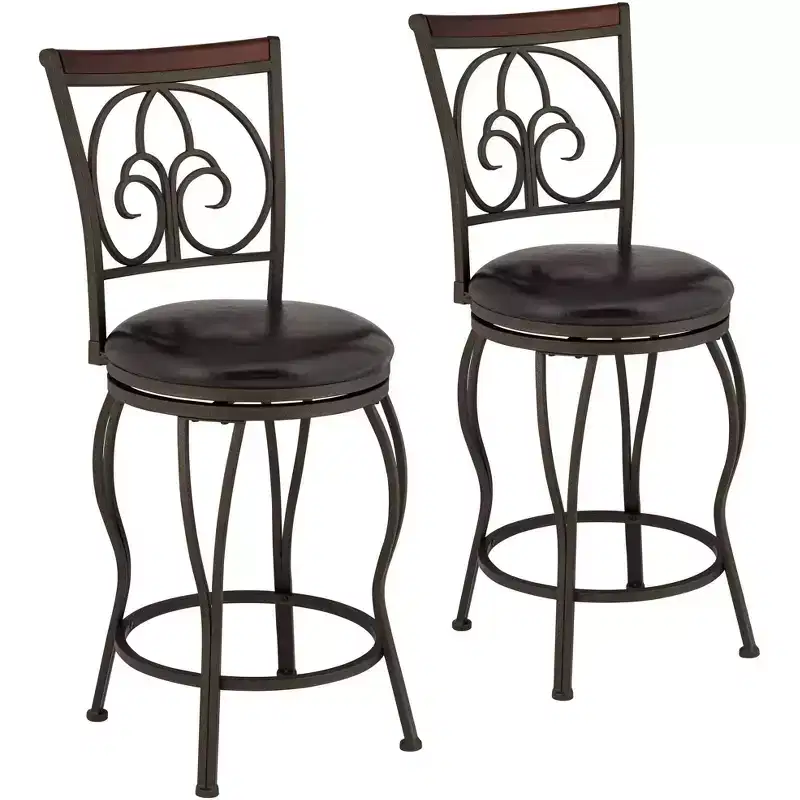 55 Downing Street Colton Metal Swivel Bar Stools Set of 2 Brown 24 High Traditional Round Cushion with Backrest Footrest for Kitchen Counter Height