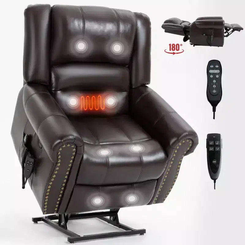 Brown Faux Leather Power Lift Recliner Chair Heat Massage Dual Motor Infinite Position Up to 350 LBS