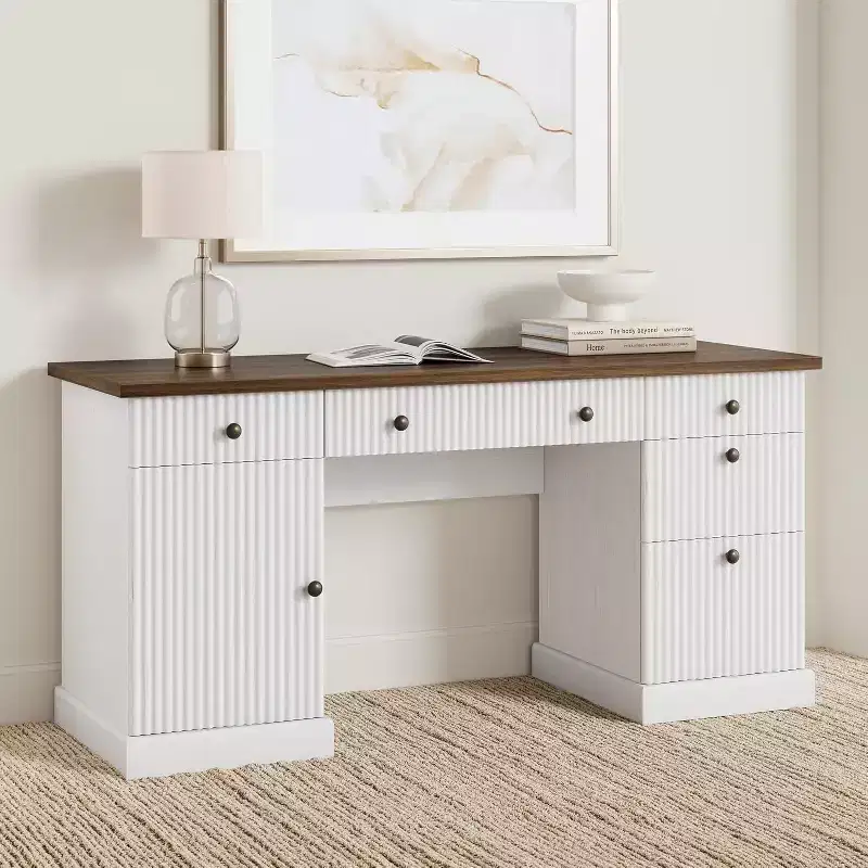 60 Home Office Desk, Fluted Executive Desk with File Drawers, Wooden Computer Desk with Charging Station for Study Room