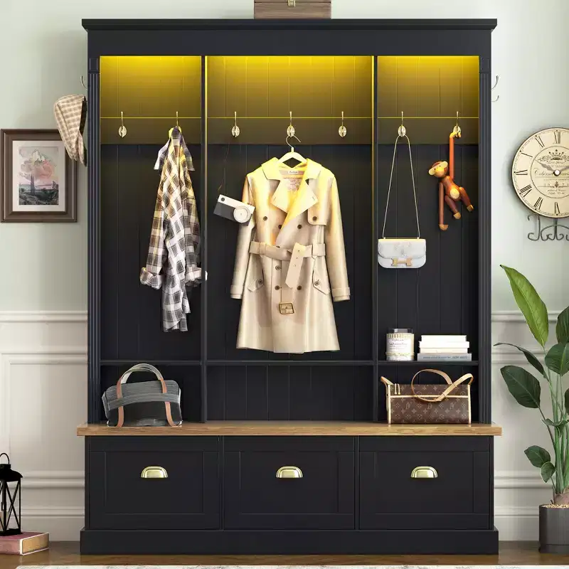 GDFStudio Keith Farmhouse Elegant LED Light Hall Tree with Storage Bench and Cabinets
