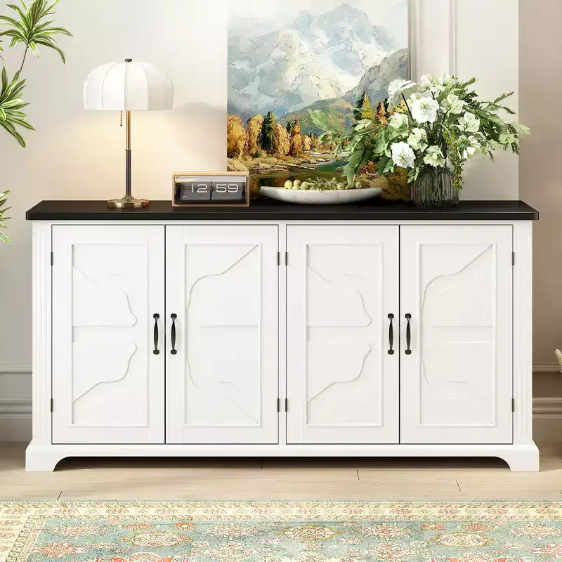 Country-Style Sideboard in White, Featuring Pine Wood Doors and Legs with Four Metal Handles; Ideal for Entryways, Living Rooms, and Dining Areas