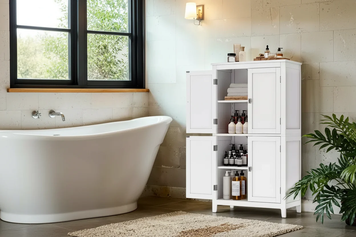 Modern Floor Storage Cabinet with Adjustable Shelves and 4 Doors - Freestanding Organizer