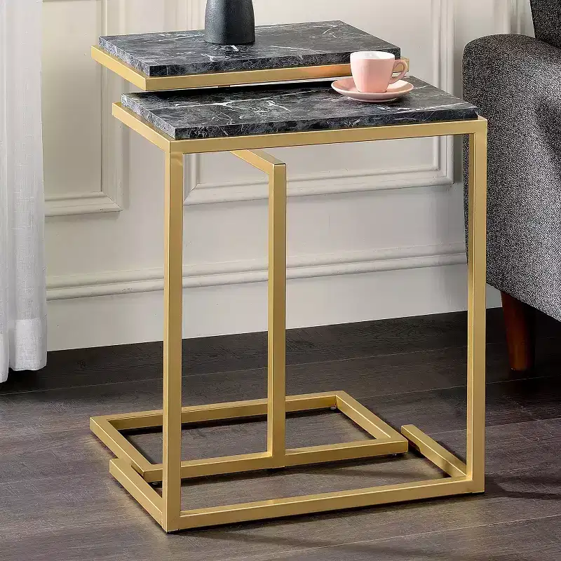 24/7 Shop At Home Kircubbin Nesting Table with Faux Marble Top Gold/Black: Rectangle, Glossy Finish, Metal Frame