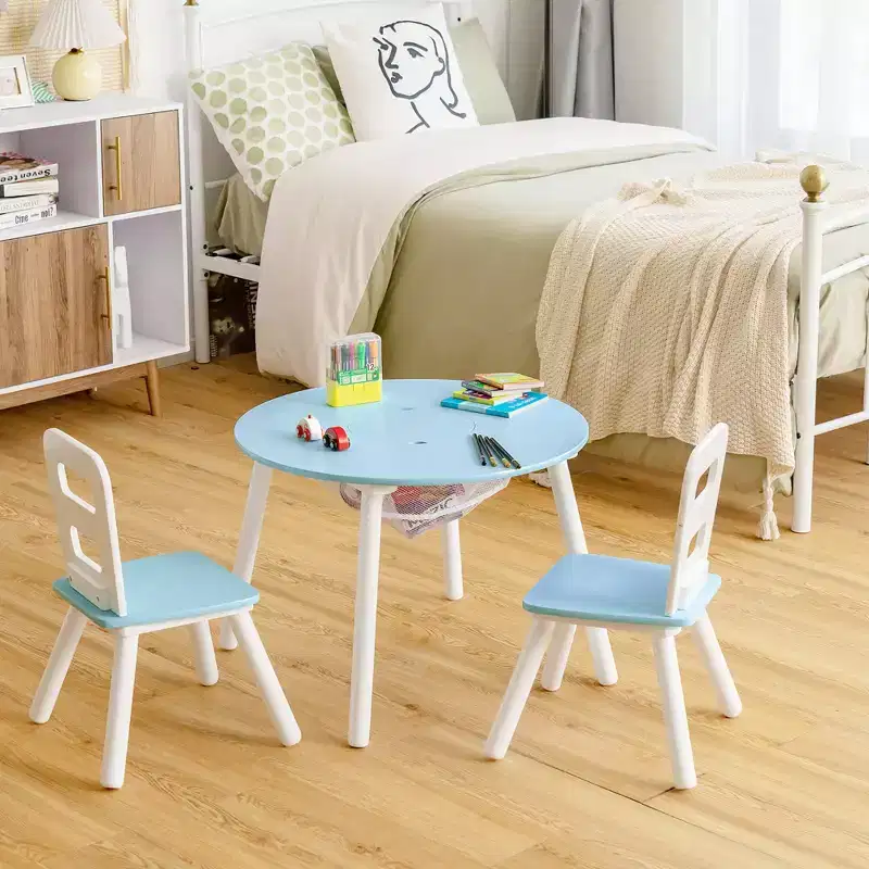 Kids Wooden Round Table & 2 Chair Set with Center Mesh Storage