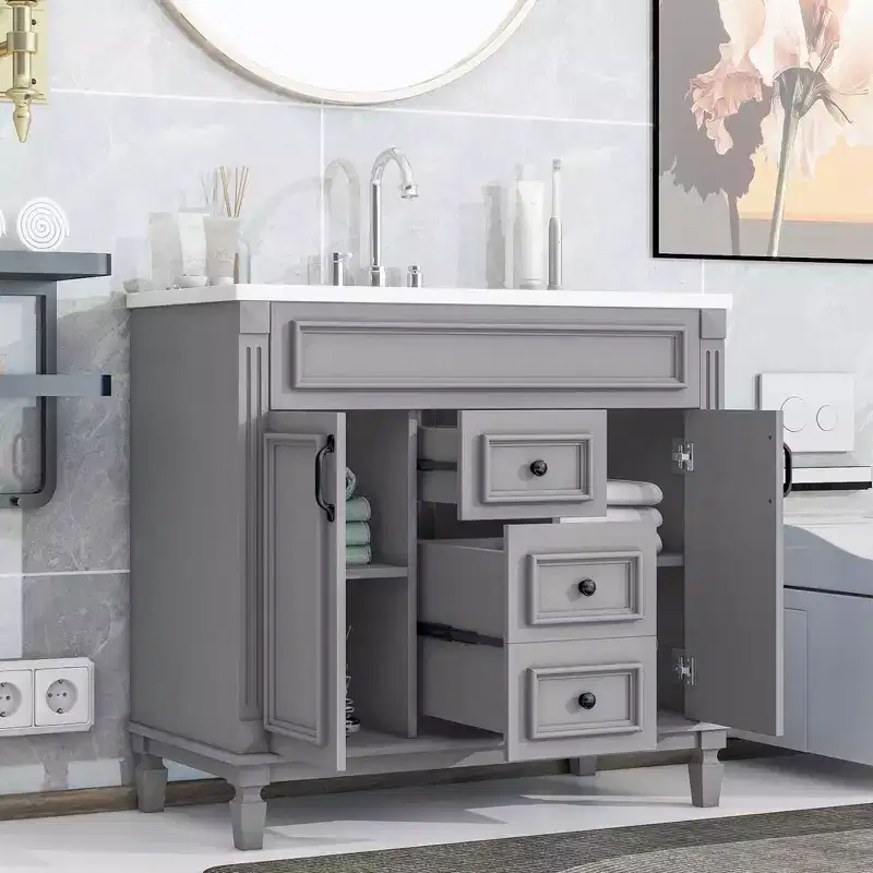36 Bathroom Vanity with Sink Combo, Bathroom Storage Vanity with 2 Drawers & 2 Soft-Closing Doors, Wooden Bathroom Cabinet with Single Sink