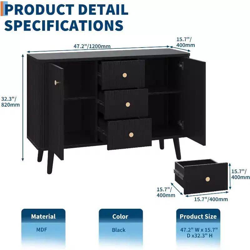 47 Sideboard Buffet Cabinet with Drawers, Fluted Accent Storage Cabinet with 2 Doors and 3 Drawers, Black