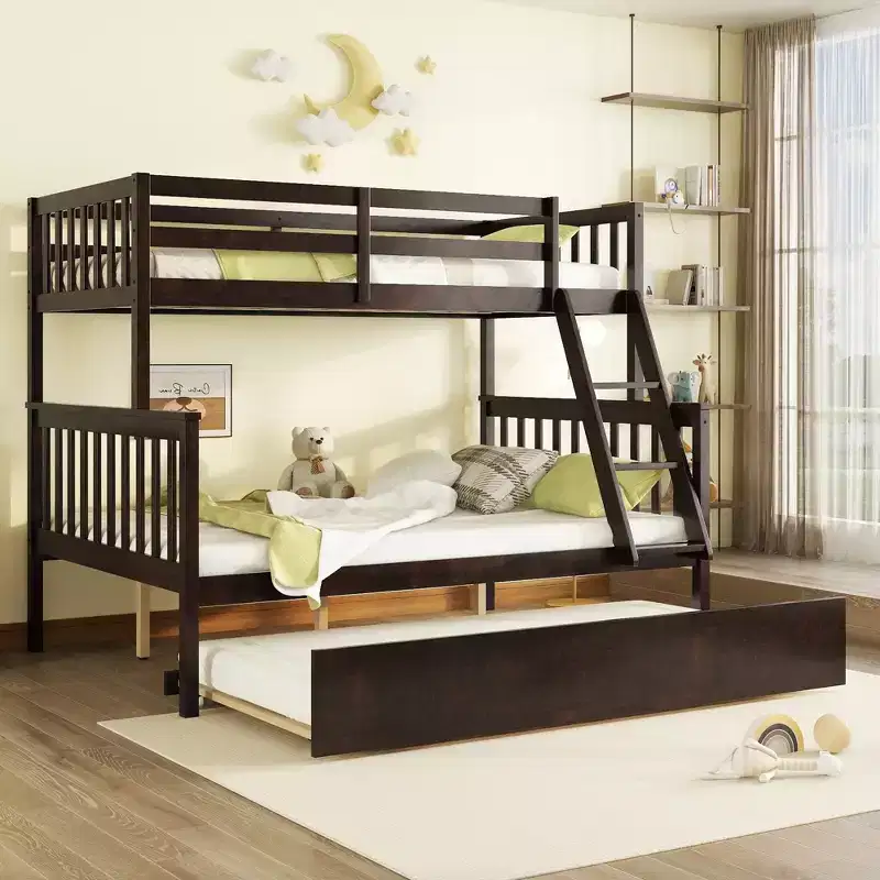 Twin Over Full Bunk Bed with Trundle & Convertible Ladder