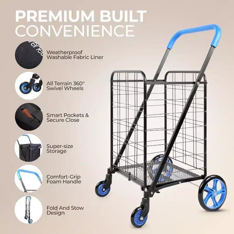 Steel Foldable Shopping Cart with Removable Liner and Swivel Wheels, 39