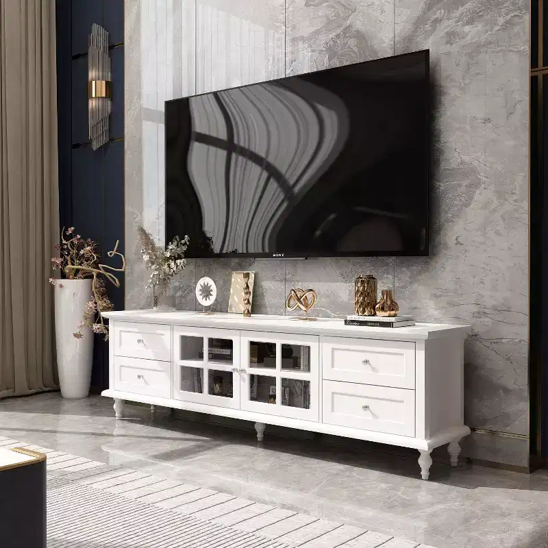 Famapy Media Console with Glass Doors Drawer Storage for Living Room TV Stand