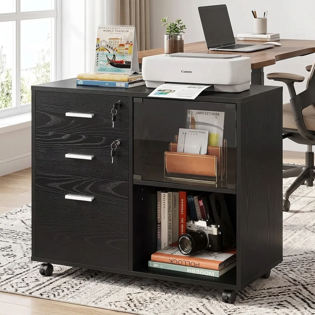3-Drawer Wood File Cabinet with Lock, Mobile Lateral Filing Cabinet