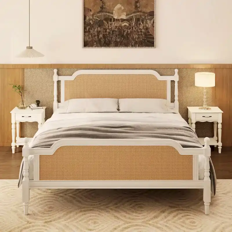 Traditional Platform Bed with Rattan Headboard & Footboard – Solid Pine, King/Queen