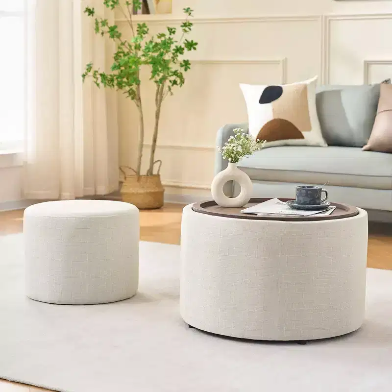 Okak Modern Nesting of 2 Linen Fabric Storage Ottomans with Wood Tray,Upholstered Footstool & Round Coffee Table