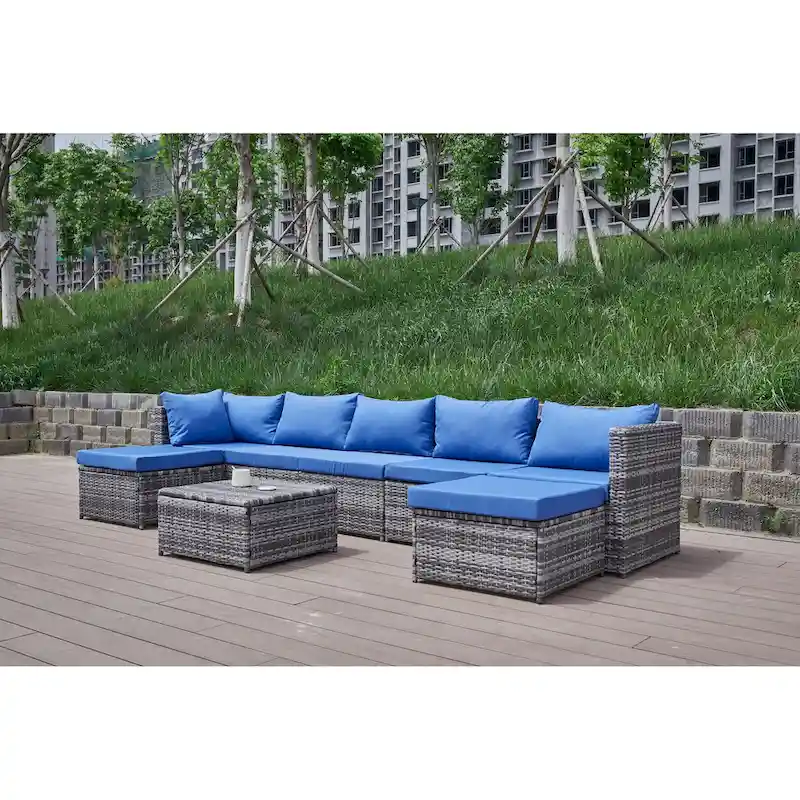 8 Pcs Patio Sectional Sofa Set, All-Weather Outdoor PE Rattan Wicker Conversation Furniture Set with Cushions and Tea Table