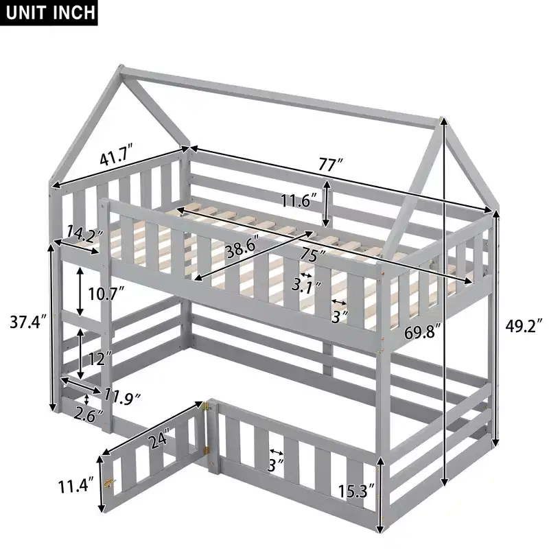 Twin over Twin House Bunk Bed for Kids, Floor Low Bunk Bed with Fence and Door, Wood Twin Size House Shaped Bunk Bed