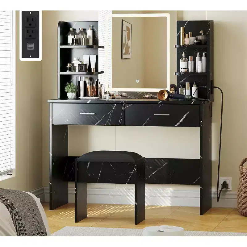 Acekool Vanity Desk with Lighted Mirror, Stool, Power Outlet, 6 Shelves, 2 Large Drawers, 3-Color Adjustable LED, Makeup Vanity for Bedroom, Black