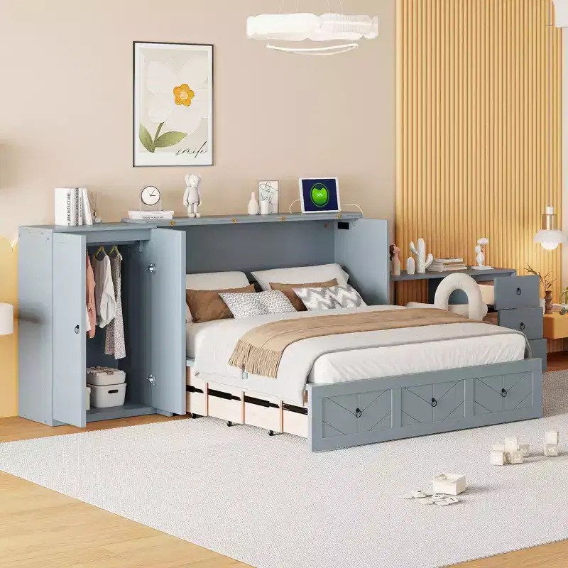 Queen Murphy Bed Cabinet with USB Port, Large Drawer & Wardrobe/Desk