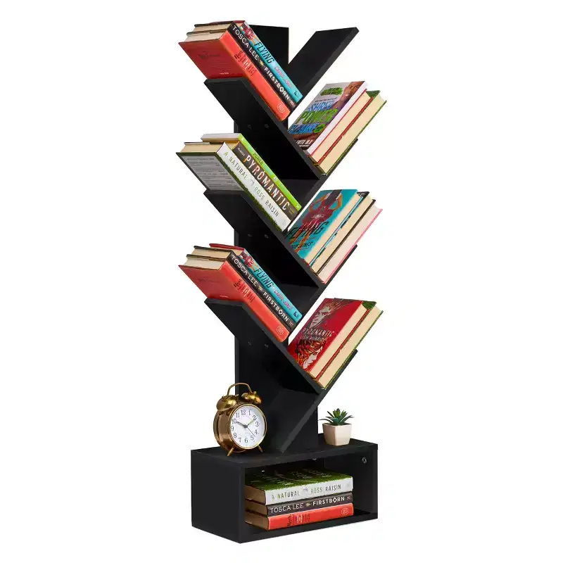 7-Tier Zigzag Tree Bookcase with Open Drawer for Books, Decor, and Accessories - Space-Saving Organizer Unit for Living Room, Bedroom, Office