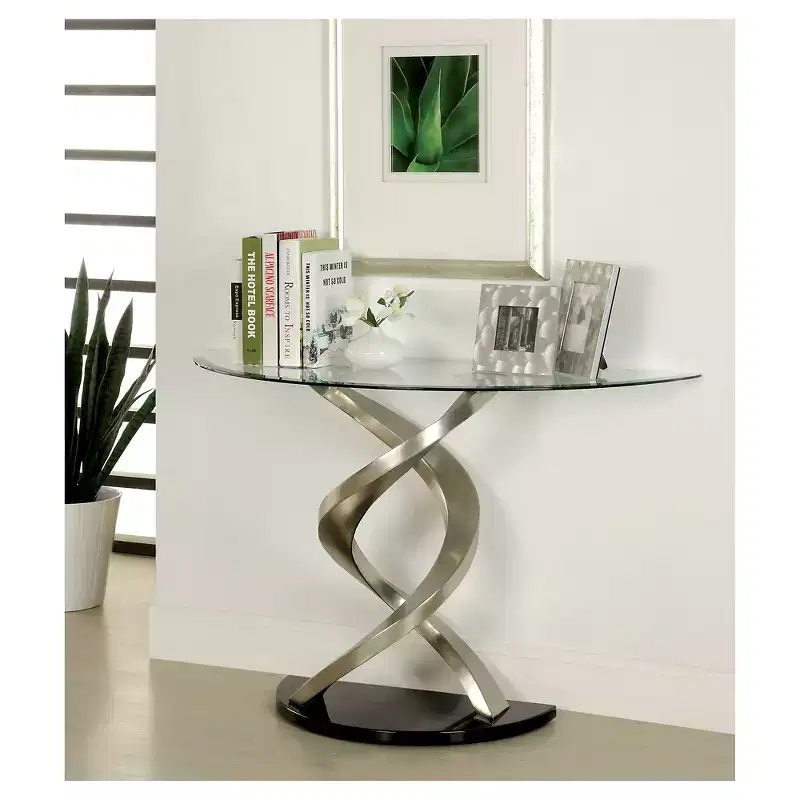 Kelsi Modern Twisting Glass Top Sofa Table Satin Plated/Black - HOMES: Inside + Out: Entryway Half Moon Console