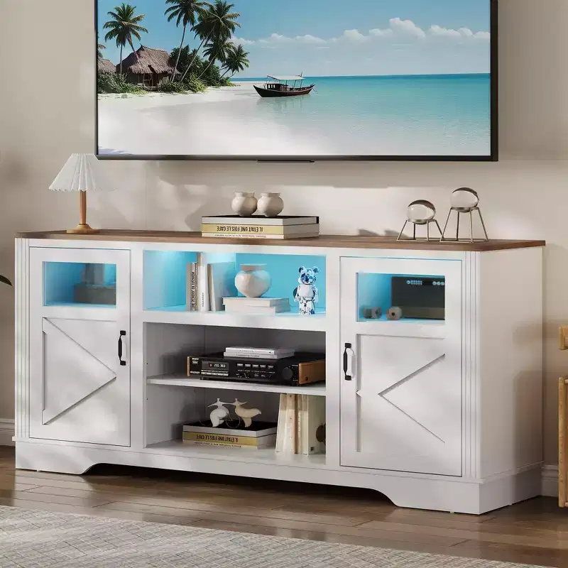 34'' Tall TV Stand for 65 Inch TVs, Entertainment Center with Storage Cabinets, Power Outlet & LED Light