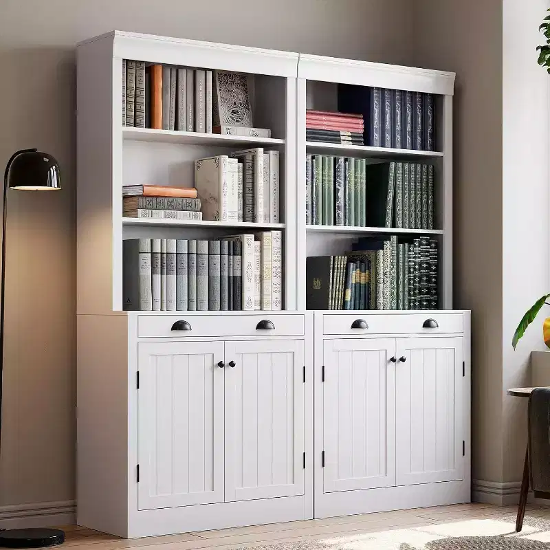 Modern Bookcase with Louvered Doors, Adjustable Shelves, Drawer & Cabinet, Set of 2, Safety Anti-Tip, Black
