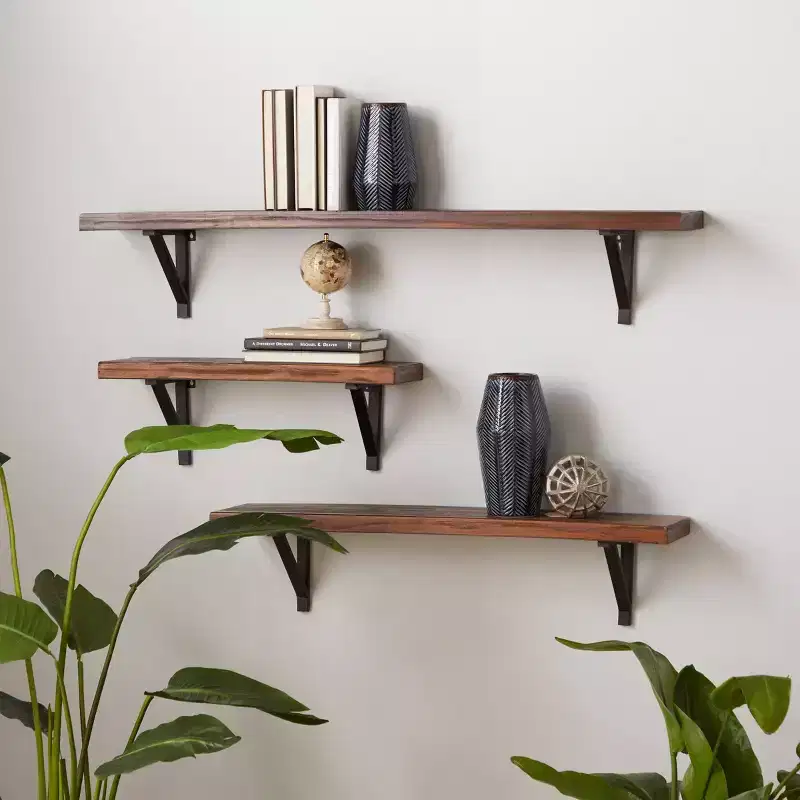 Set of 3 Wood Wall Shelves Brown - Olivia & May: Industrial Floating Shelf Decor, No Assembly Required