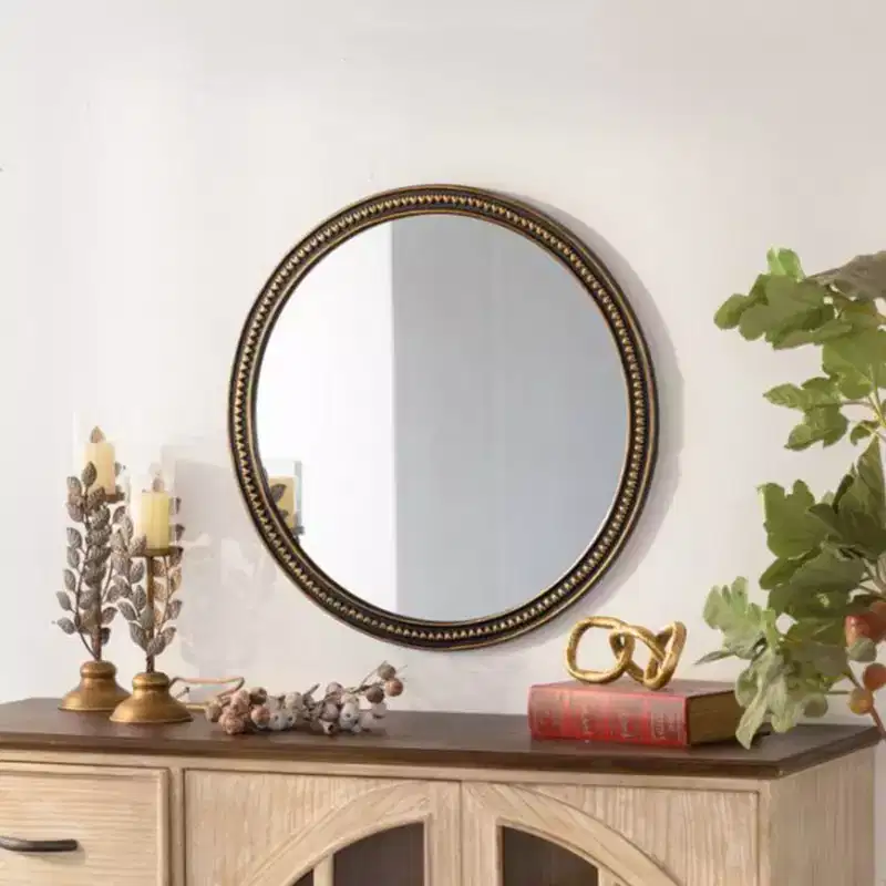Round Wall Mirror with Vintage Gold Beaded Frame for Living Room or Bedroom