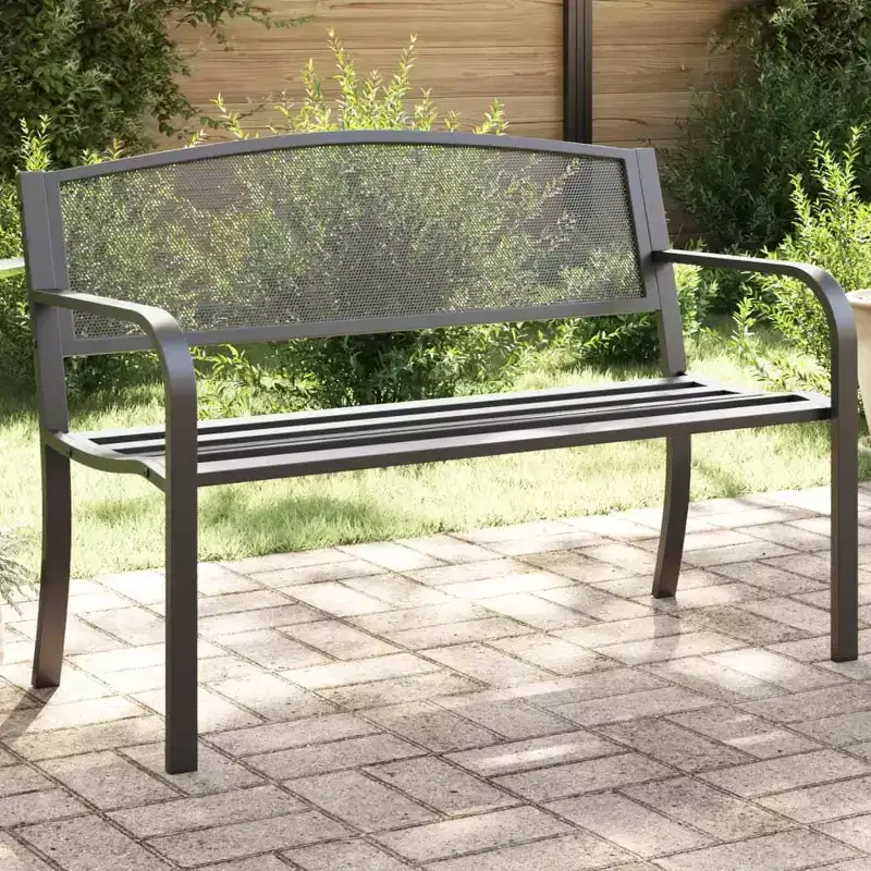 vidaXL Black Steel Outdoor Garden Bench - Comfortable Patio Seating with Armrests, Backrest & Powder-Coated Finish, Ideal for Backyard/Patio