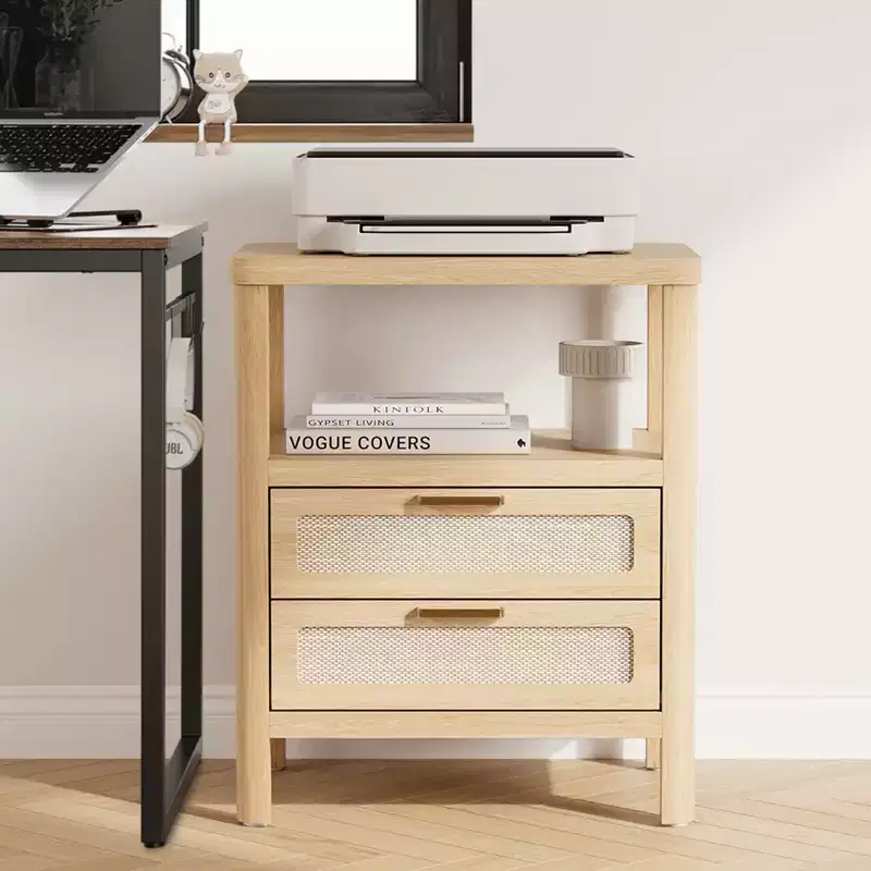 Set of 2 Light Oak Rattan Nightstands C Fluted Farmhouse 2-Tier Bedside Tables with Drawers, Open Shelf, Rounded Corners (Fully Assembled)