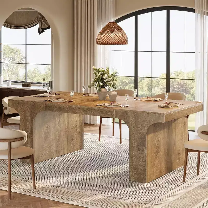 71-Inch Large Dining Table for 6-8, Farmhouse Wooden Kitchen Table with Arched Design and Double Pedestal for Dinner, Banquet