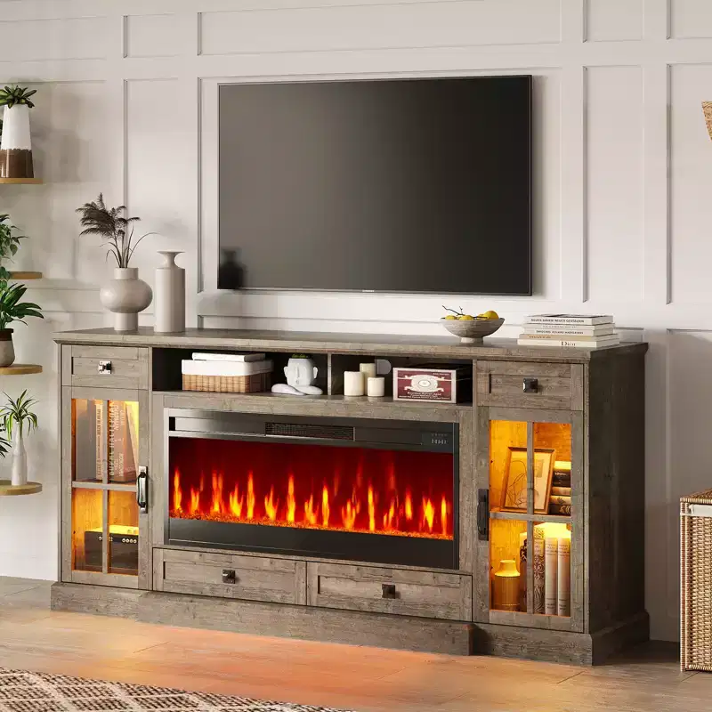 AMERLIFE 70 Large Fireplace TV Stand with 42 Fireplace, Farmhouse Entertainment Center, , Light Gray