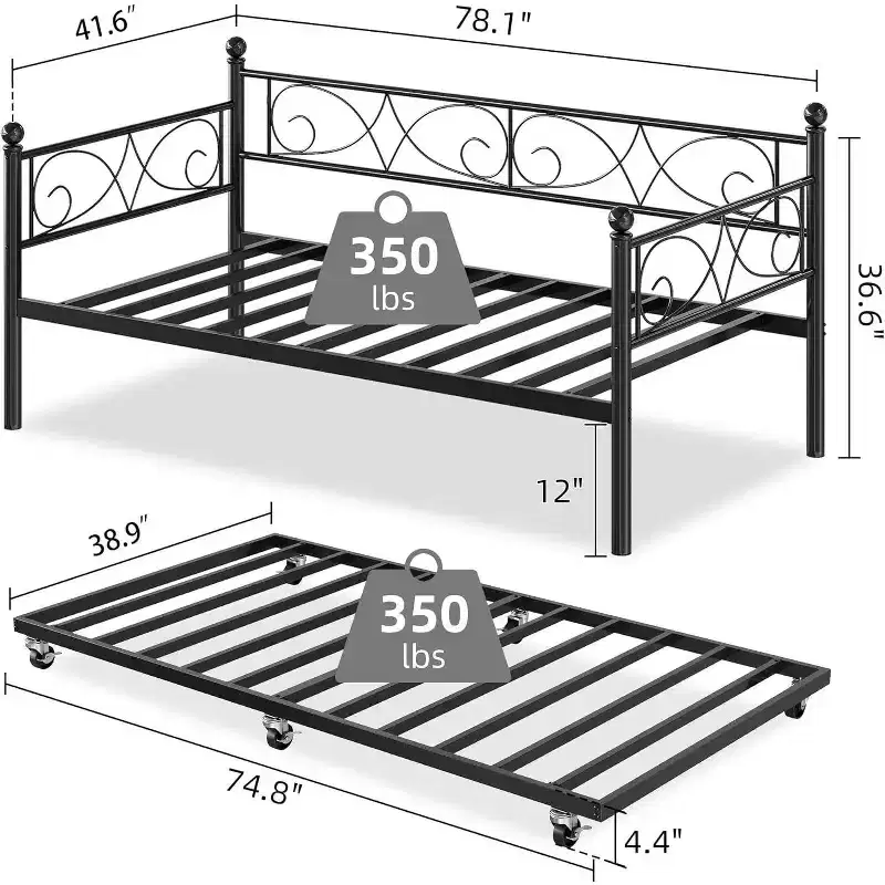 Twin Size Daybed Frame with Trundle, Floral Headboard and Heavy-duty Steel Slats, Ideal for Living Rooms and Guest Rooms, Gold