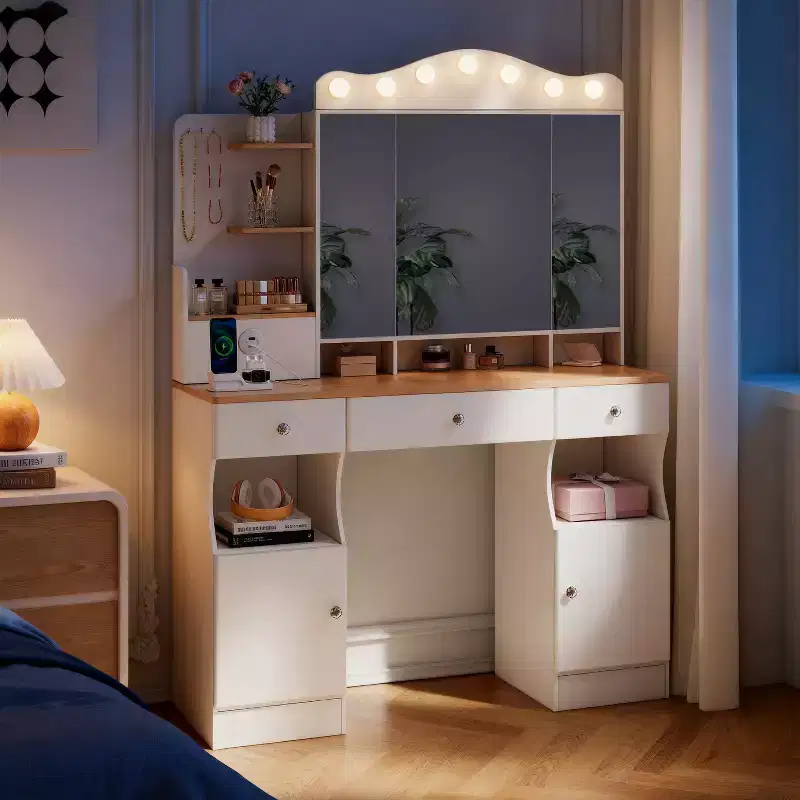 Vanity Desk with Mirror, Makeup Vanity with 2 USB Power Strip, Vanity Set with Three Drawers and Two Cabinet