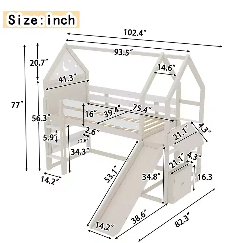 House Loft Bed with Bookshelf and Slide, Solid Wood House Loft Bed Frame with Safety Rails and Playful Design for Kids